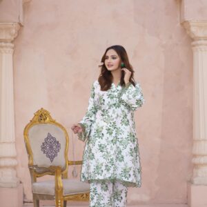 White & Green Floral Printed Lawn 2-Piece Stitched Suit