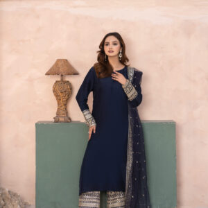 Midnight Majesty – Premium Raw Silk 3-Piece Zari Embroidered Suit